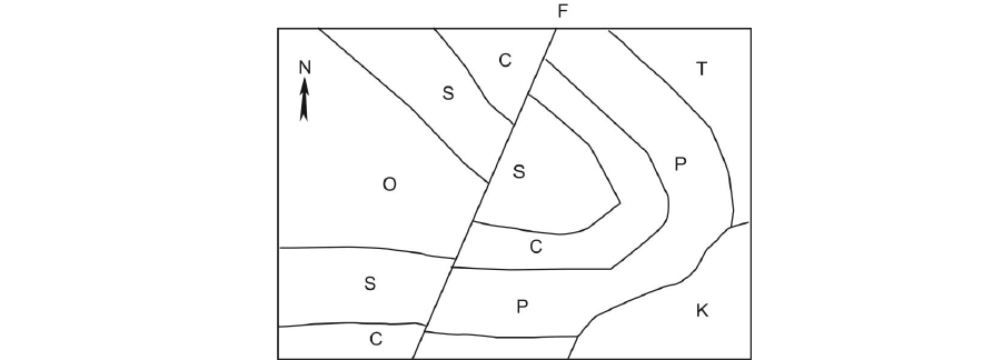 分析以下图，并答复以下问题（其中图中字母F表示断层，其余为地层代号，图中断层F倾向SE，倾角50度。