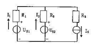 下图所示电路中，有几个结点，几条支路，几个网孔列出计算支路电流所需的KCL和KVL方程。（Is、Us