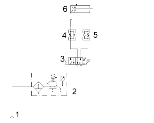 能根据气动、液压原理图正确安装气动液压零部件是工业机器人辅件安装的重要技能。下图为某气动换向回路原理