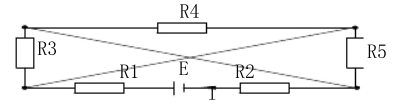 计算：下图中，R1=4Ω、R2=6Ω、R3=3Ω、R4=R5=12Ω，E=12V，求：总电流I=？