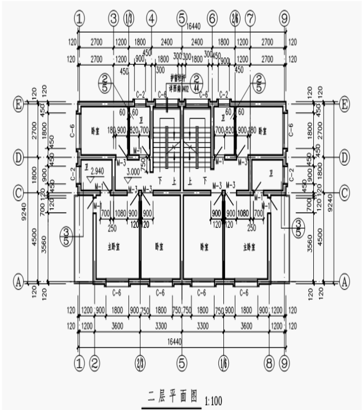 识读下列建筑平面图。提示(指出图名、比例、和定位轴线的位置、外部形状和内部的布置、楼梯宽度尺寸、各个