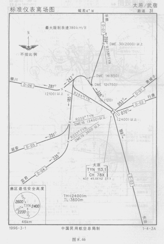 参考图8.46，飞机沿D-04离场，位于R237°TYN/DME19位置时，飞机的高度是（）。