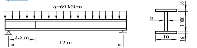 某简支梁，钢材为Q235，跨度为l＝12m，承受均布静力荷载设计值q＝69kN/m，施工时因腹板长度