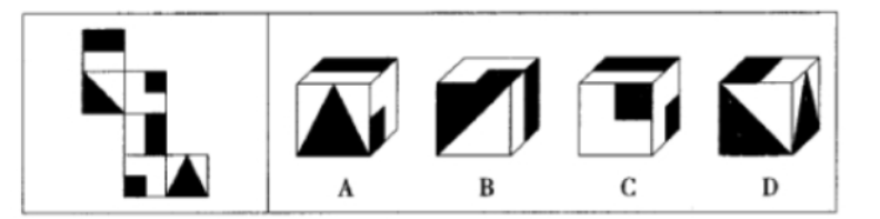 左边给定的是纸盒外表面的展开图，右边哪一项能由它折叠而成？（）