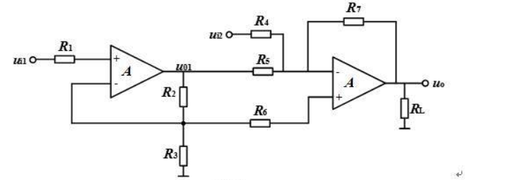 图中所示电路由理想运算放大器组成，求输出电压u0与输入电压ui1和ui2的运算关系式。