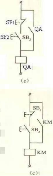 下列图片控制电路中，按正常操作时，图()中QA(KM)无法得电动作。