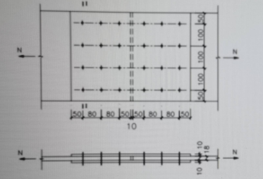 两钢板截面为-18×400，两面用盖板连接，钢材Q235，承受轴心力设计值N=1181kN，采用M2