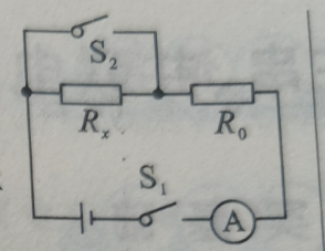 用电流表和已知阻值为R0的定值电阻测未知电阻Rx的阻值。如图所示，闭合开关S1，电流表A的示数为I1