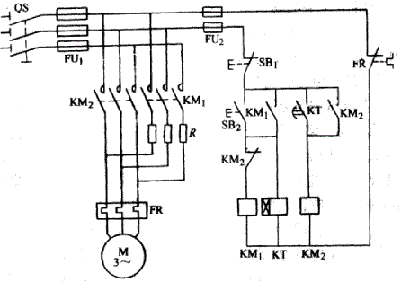 如图所示为抽水机电机控制线路，其属于什么起动方法?并分析其工作过程。