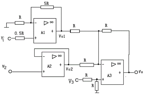 电路如图所示，A1，A2，A3均为理想运放，V1，V2，V3为已知电压，试求：(1)Vo1(2)Vo