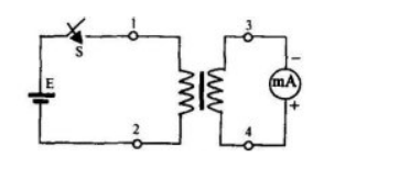 图中是利用直流法测量单相变压器的同名端。1，2为原绕组的抽头，3，4为副绕组的抽头。当开关闭合时，直