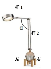 如图所示一款落地灯，杆1、杆2夹角是90度，杆1、杆2材料是质量很轻铝合金空心管，杆1可绕杆2转动以