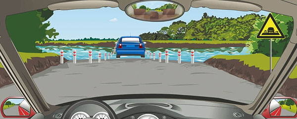 如图所示，跟车进入一段漫水路段时，怎样做才正确？（）