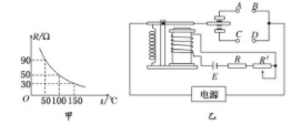 如图甲所示，为热敏电阻的R－t图像，图乙为用此热敏电阻R和继电器组成的一个简单恒温箱温控电路，继电器