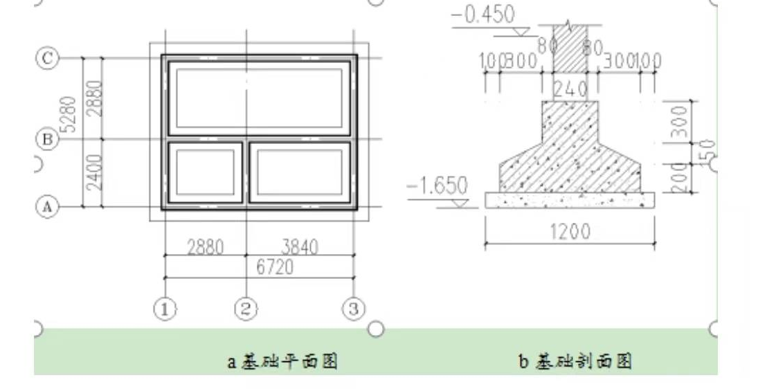 计算：某建筑物基础平面及剖面如图所示，已知：土质为Ⅱ类土，室外地坪-0.45m，室内地坪±0.00m