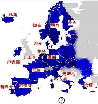 如图中①②③④分别是不同时期的欧盟成员国示意图。符合欧盟历史发展进程的是（）
