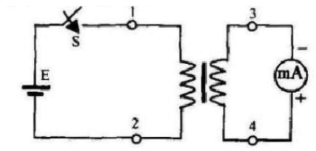 图中是利用直流法测量单相变压器的同名端。1、2为原绕组的抽头，3、4为副绕组的抽头。当开关闭合时，直
