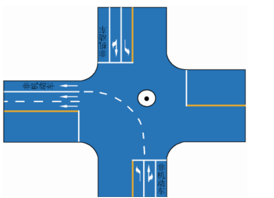 如图所示白色左转导向虚线表示左转的机动车在导向线的右侧行驶。()