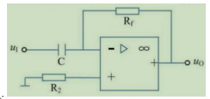如图由运算放大器构成的运算电路，已知C=lμF，为获得u0=-2(du1/dt)，那么Rf应为()。