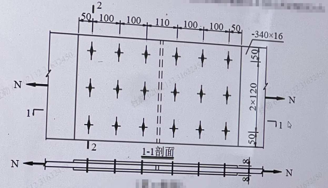 图示为一340×16钢板采用摩擦型高强螺栓群拼接，图中被连接钢板净截面在2-2剖面上所受到的拉力为（
