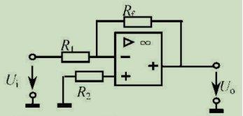 如图运算电路，R1=4kΩ，R2=R1//RF，当Ui=2V时，U0=4V，则RF=（）kΩ。