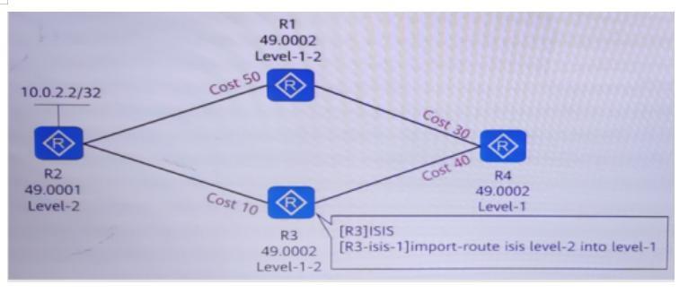 四台路由器运行IS-IS且已经建立邻接关系，区域号和路由器的等级如图中标记，在R3设备上配置路由渗透