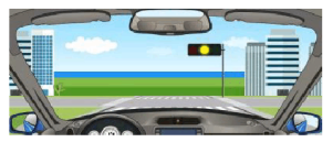 在路口直行看到图中所示信号灯亮时，要尽快加速通过路口，不得停车等待。()