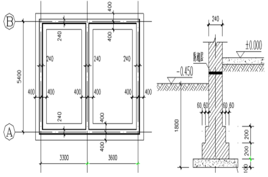 某工程基础平面布置和基础详图如下图所示。工程土为二类土，室外设计地坪标高为-0.450m，砖基础与墙