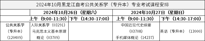 2024年10月黑龍江自考公共關(guān)系學(xué)（專升本）專業(yè)考試課程安排