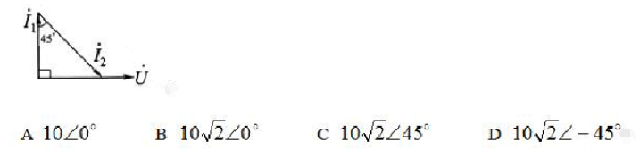 某电路的电压、电流相量图如图所示，若已知I₁=10A，则等于()。