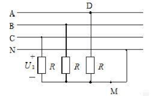 对称星形负载接于线电压为380V的三相四线制电源上，如图所示。当M点和D点同时断开时，U₁为（)。对