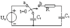 图示动态电路中，开关在t=0时由a打向b，t＞0后，电路的时间常数t=()。A.R(C1+C2)B.