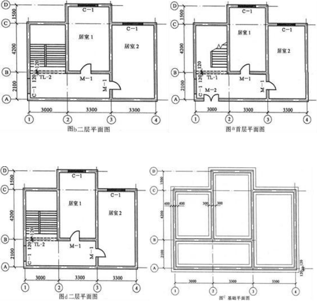 某砖混结构2层住宅首层平面图如图a所示，二层平面图如图b所示，基础平面图如图c所示，基础剖面图如图d